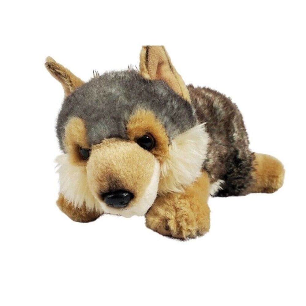 Aurora Miyoni Timber Wolf Puppy Plush Realistic Laying Down Furry Gray Brown 14"